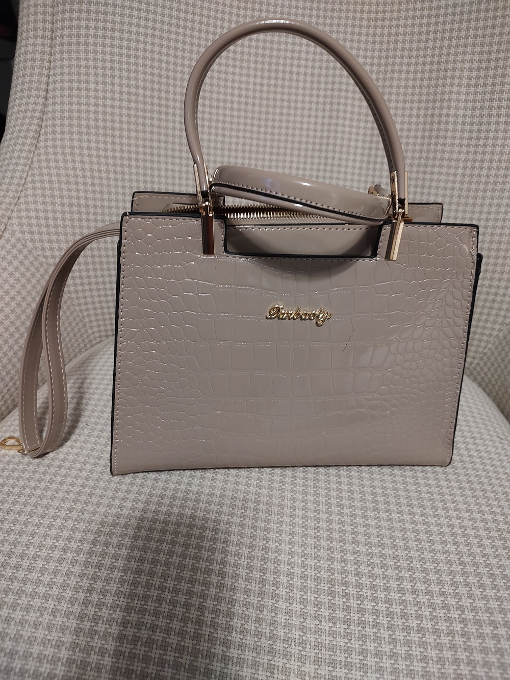 Structured Croc-Embossed Tote Bag in Taupe with Top Handle